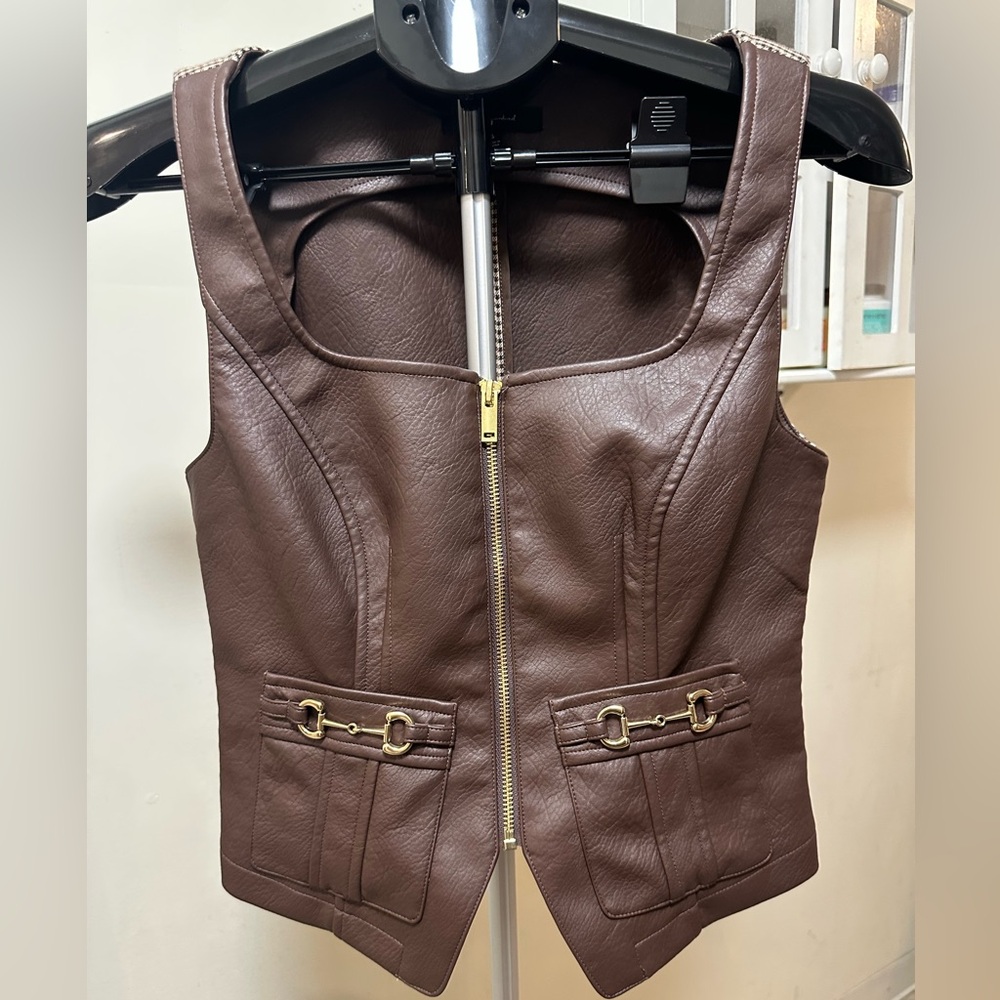 7 For All Mankind Brown Pleather Houndstooth Vest With Gold Accents Size Small